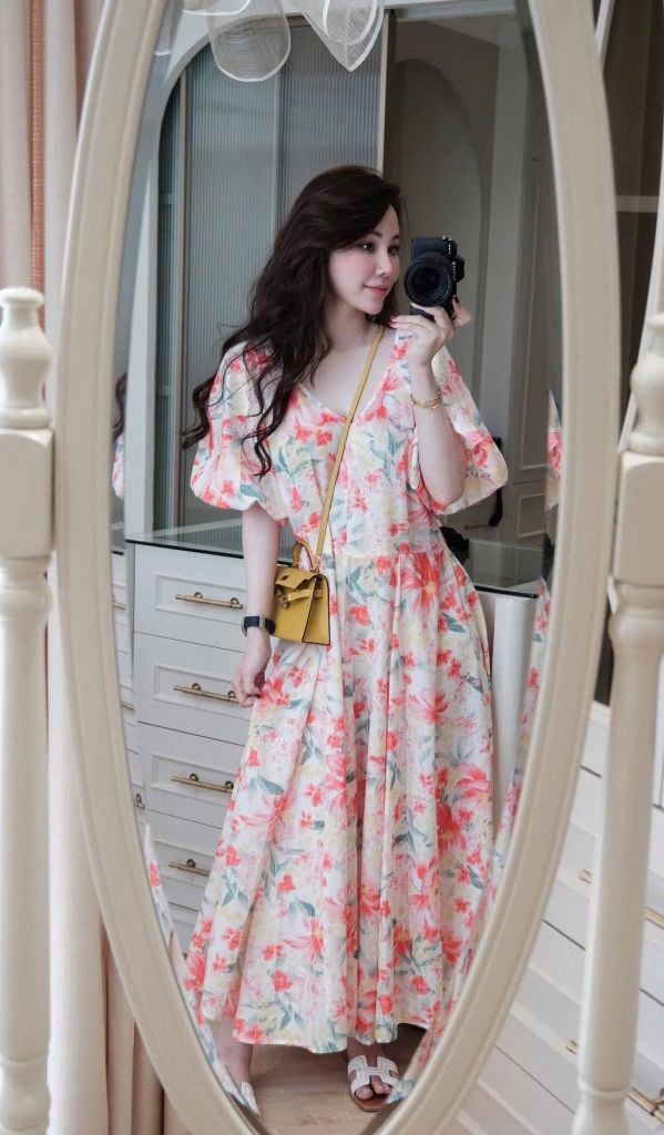 KS0787-Đầm hoa cổ tim tay phồng