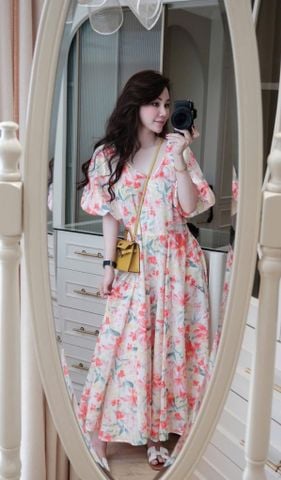 KS0787-Đầm hoa cổ tim tay phồng