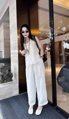 TQ4290-Set linen, áo sát nách+quần suông viền bèo Trắng Kem