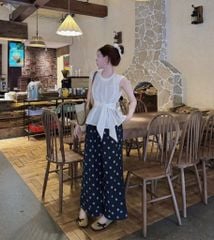 VGU0351-Set áo sát nách viền ren, quần suông chấm bi X.Đen+dây cột eo