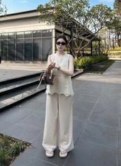 KS0793-Set áo sát nách, quần dài phối ren CC Kem