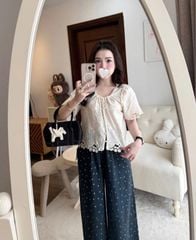 VGU0349-Set áo thêu hoa phối chân ren, quần jean chấm bi nhúng bèo Xanh