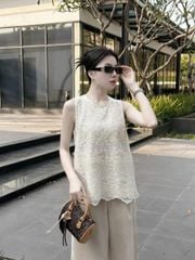 KS0793-Set áo sát nách, quần dài phối ren CC Kem