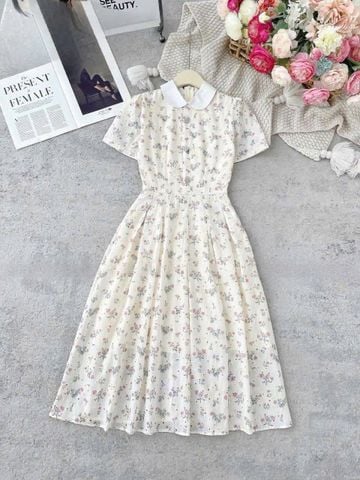 KS0796-Đầm kate thêu phối cổ sen họa tiết hoa Hồng