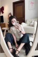 VGU0349-Set áo thêu hoa phối chân ren, quần jean chấm bi nhúng bèo Xanh