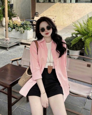 KS0803-Set 3 Món (áo sơ mi Hồng +áo ba lỗ+quần short Đen)