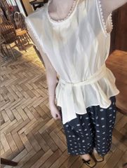 VGU0351-Set áo sát nách viền ren, quần suông chấm bi X.Đen+dây cột eo