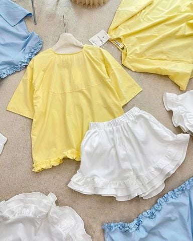TQ4299-Set basic áo xanh+ quần short nhúng bèo tầng Trắng