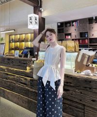 VGU0351-Set áo sát nách viền ren, quần suông chấm bi X.Đen+dây cột eo