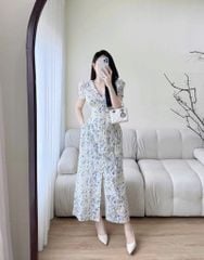 TQ4305-Đầm hoa cổ V đính nút bọc nhúng ngực