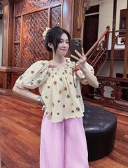 TQ4288-Set áo cổ vuông thêu hoa CC, quần dài nhúng bèo Hồng