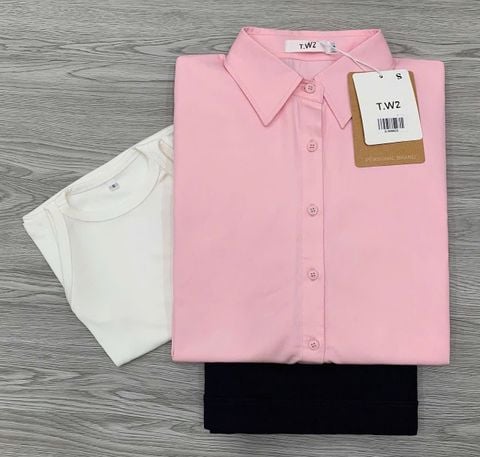KS0803-Set 3 Món (áo sơ mi Hồng +áo ba lỗ+quần short Đen)