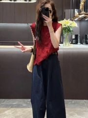 TB8354-Set áo xô thêu, quần suông Đen