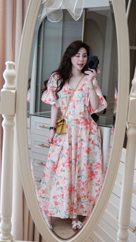 KS0787-Đầm hoa cổ tim tay phồng