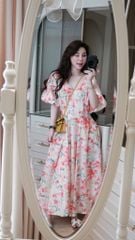 KS0787-Đầm hoa cổ tim tay phồng