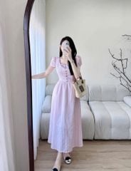 KS0815-Đầm dài cổ vuông phối nút sọc Hồng