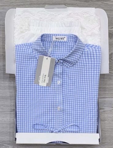 KS0795-Set áo caro xanh cổ sen nhúng bèo tầng, CV ren thêu Trắng CC