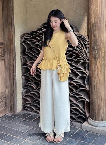 TQ4306-Set linen, áo chấm bi vàng+quần suông viền bèo Trắng +Túi
