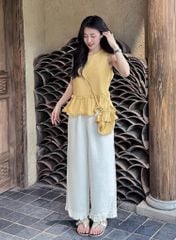 TQ4307-Set linen, áo chấm bi trắng+quần suông viền bèo X.Đen+Túi