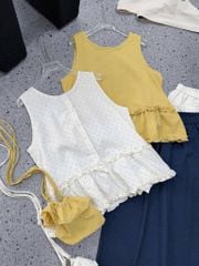 TQ4307-Set linen, áo chấm bi trắng+quần suông viền bèo X.Đen+Túi