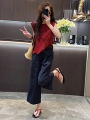 TB8354-Set áo xô thêu, quần suông Đen