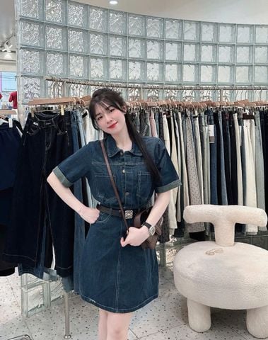 TB8317-Đầm jean phối túi + Nịt