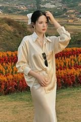 TB8201-Set Lụa, áo sơ mi phối túi+CV đuôi cá màu Da