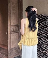 TQ4307-Set linen, áo chấm bi trắng+quần suông viền bèo X.Đen+Túi
