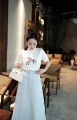 TQ1800-Set áo thun trắng in hình, CV dài