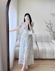 TQ4305-Đầm hoa cổ V đính nút bọc nhúng ngực