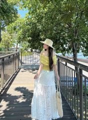 VGU0357-Set áo bệt vai eo đính hoa, CV ren dài Trắng