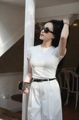 TB8355-Set basic, áo thun body+quần suông Kem+nịt