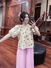 TQ4288-Set áo cổ vuông thêu hoa CC, quần dài nhúng bèo Hồng