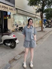 TB8376-Set jean, áo sơ mi thêu mặt cười+quần short Xanh Nhạt