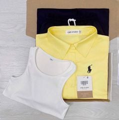 TQ4318-Set áo sơ mi vàng thêu ngựa, áo thun 3 lỗ , quần dài Đen
