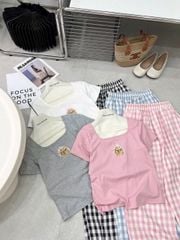 KS0826-Set áo thun Trắng in hình, quần caro Đen