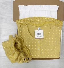 TQ4306-Set linen, áo chấm bi vàng+quần suông viền bèo Trắng +Túi