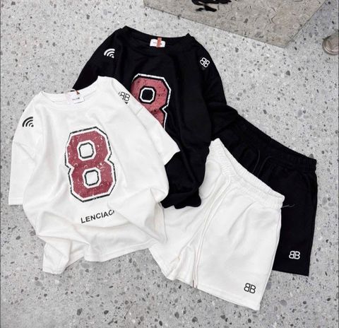 TB8428-Set áo thun số 8, quần short in chữ Đen