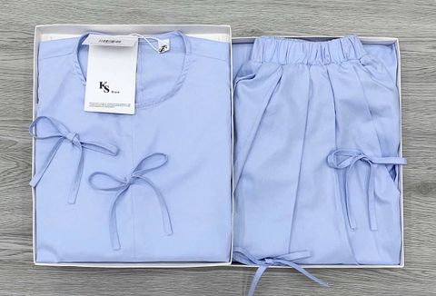 KS0801-Set áo sát nách+CV dài đính nơ Xanh