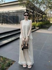 KS0793-Set áo sát nách, quần dài phối ren CC Kem