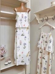 VGU0400-Set áo 2 dây cột nơ eo +CV dài họa tiết hoa CC