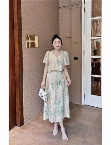 KS0800-Set kate thêu họa tiết hoa, CV dài phối ren CC