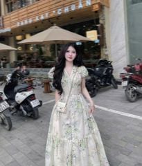 TB5738-Đầm kate thêu cổ V đính nút bọc