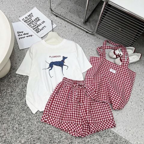 TB8416-Set áo thun trắng in hình cún, quần short caro Đỏ + Túi