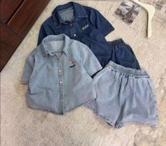 TB8376-Set jean, áo sơ mi thêu mặt cười+quần short Xanh Nhạt