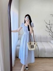 KS0815-Đầm dài cổ vuông phối nút sọc Hồng