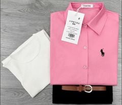 TB8313-Set áo sơ mi Hồng thêu ngựa+áo thun 3lỗ+quần short Đen +nịt
