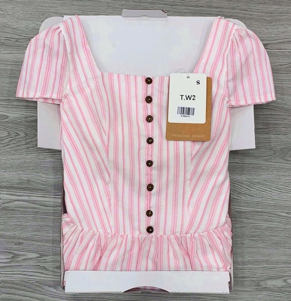 KS0815-Đầm dài cổ vuông phối nút sọc Hồng