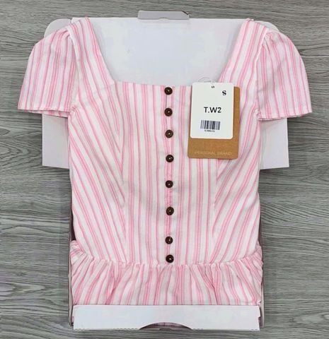 KS0815-Đầm dài cổ vuông phối nút sọc Hồng