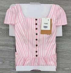 KS0815-Đầm dài cổ vuông phối nút sọc Hồng